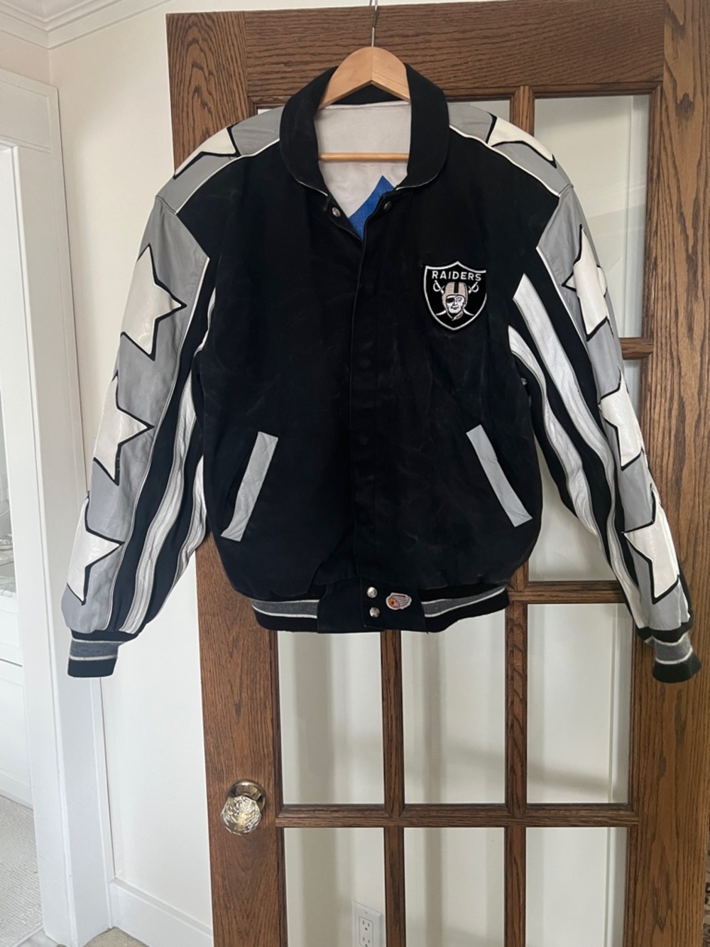 Vintage Raiders Black & Silver Satin Varsity Jacket Size Large
